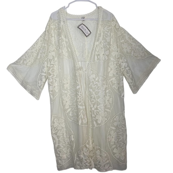 NWT Umgee Ivory Lace Floral Kimono Bell Sleeves Tie Front Bohemian Size Large - Picture 1 of 15
